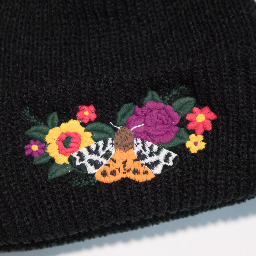 Embroidered Floral Moth Beanie by Crewel and Unusual