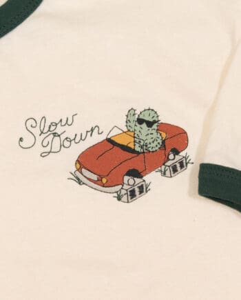 Slow Down ringer tee embroidery by Crewel and Unusual
