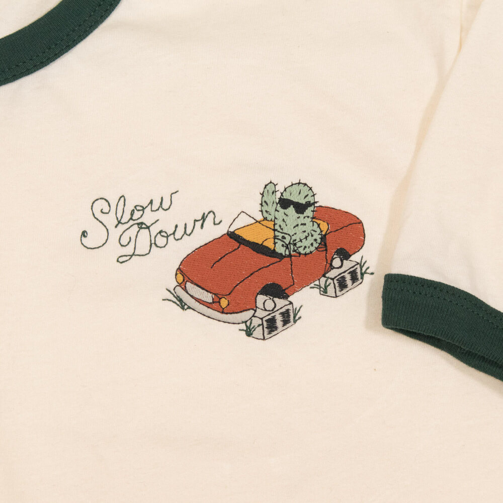 Slow Down ringer tee embroidery by Crewel and Unusual