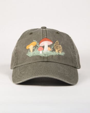 Product image - an olive baseball cap with a mushroom garden embroidered on it