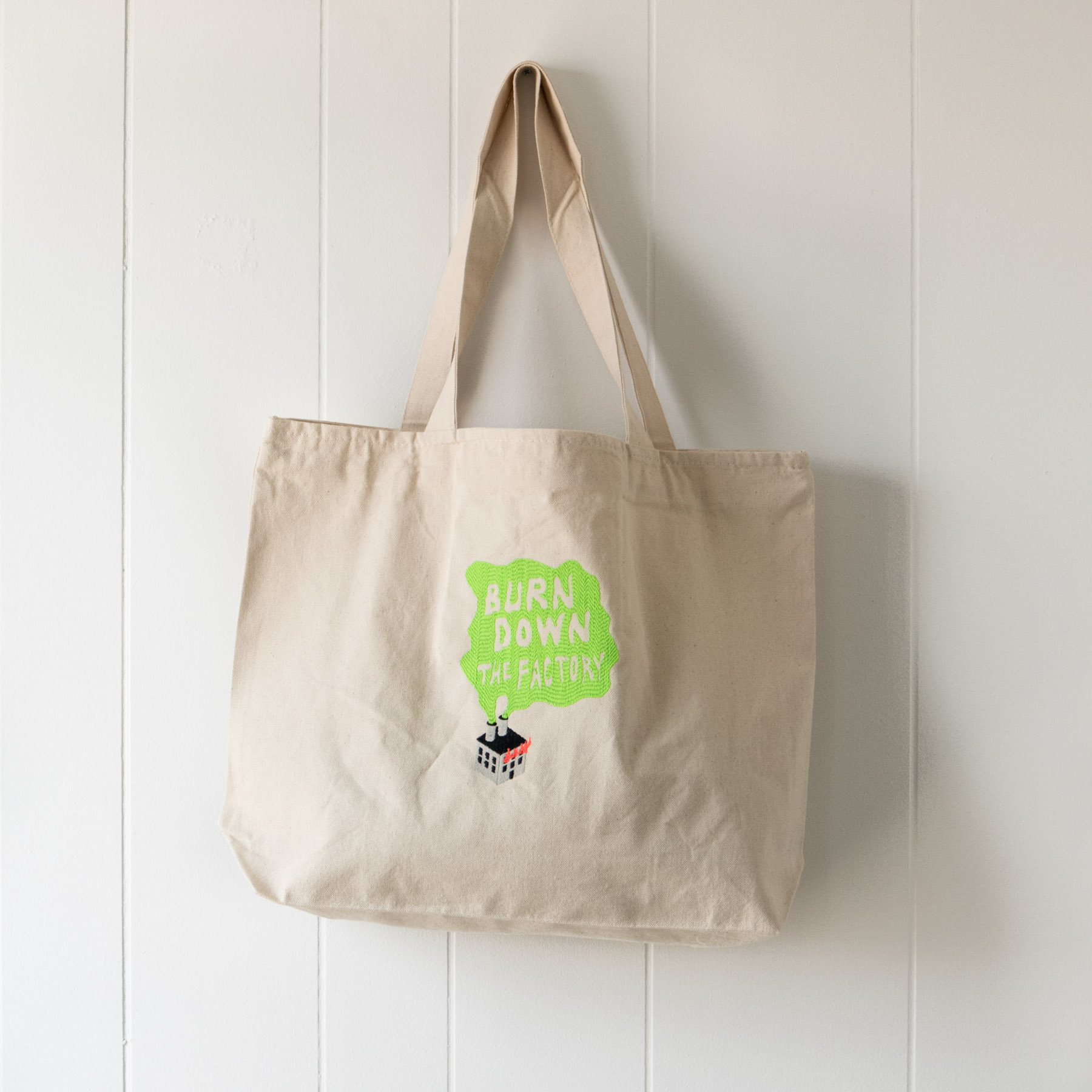 Product image - canvas tote bag with Burn Down the Factory embroidered design