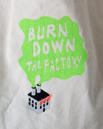 Product image - canvas tote bag with Burn Down the Factory embroidery design detail