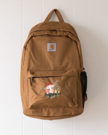 Product image - brown Carhartt backpack with embroidered mushroom design
