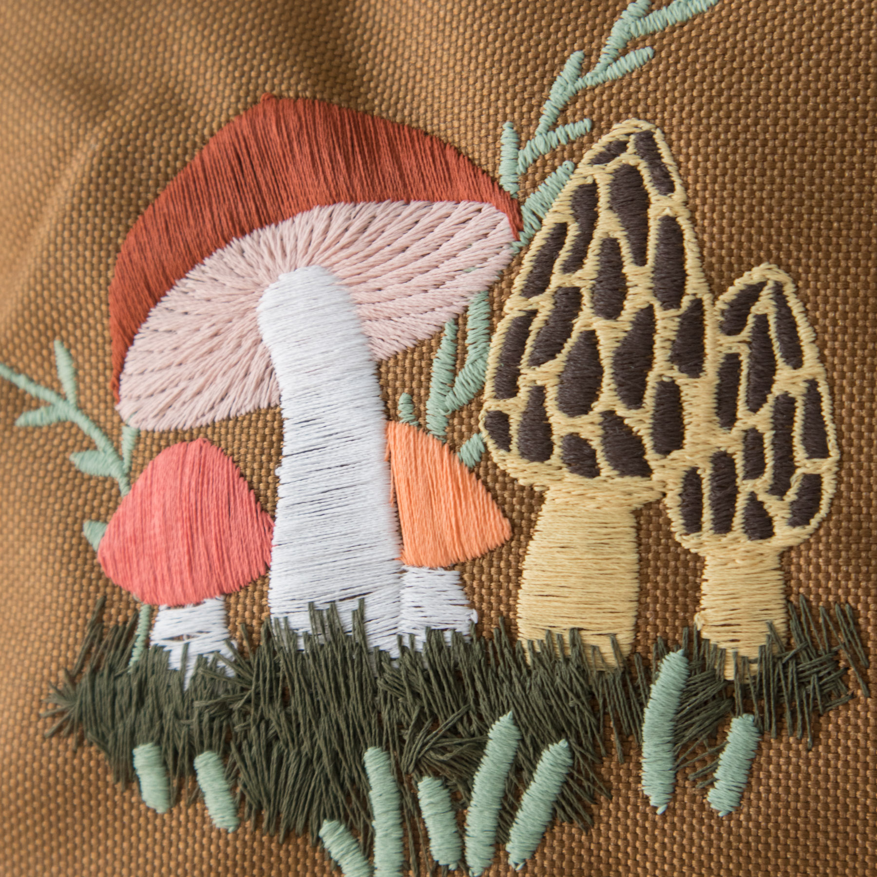 Product image - brown Carhartt backpack with embroidered mushroom design detail