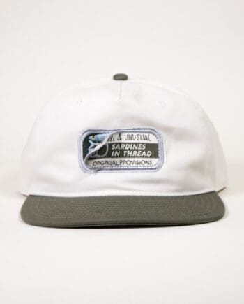 white hat with olive brim featuring embroidered sardine can