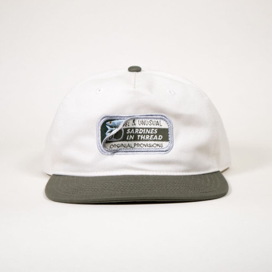 white hat with olive brim featuring embroidered sardine can